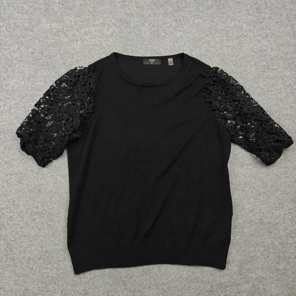 Tahari Sweater Womens Large Black Pullover Crochet Puff Sleeve Lightweight